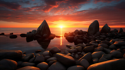 Display stones near the ocean with the sun setting on the horizon.