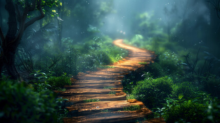 A rugged wooden pathway meandering through a dense jungle, enveloped in the sounds of exotic wildlife