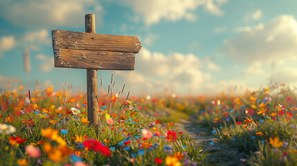 A rustic wooden signpost standing alone in a field of wildflowers, pointing in different directions - obrazy, fototapety, plakaty