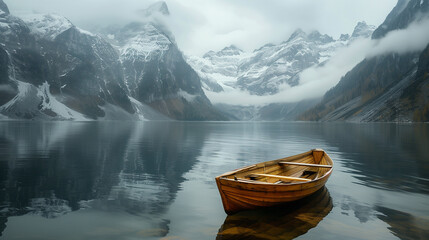 A simple wooden rowboat moored on the glassy surface of a secluded mountain lake, surrounded by...