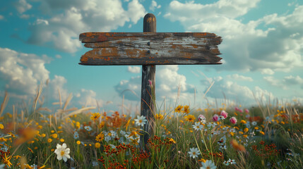 A rustic wooden signpost standing alone in a field of wildflowers, pointing in different directions