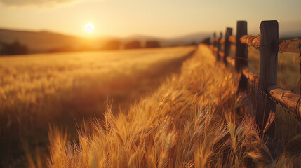 A sturdy wooden fence winding its way along the edge of a golden wheat field under the setting sun - Powered by Adobe