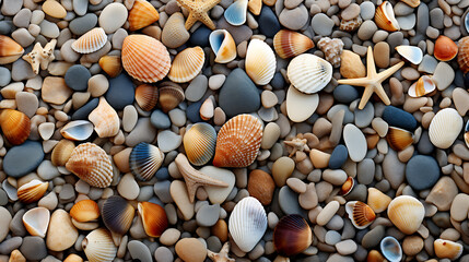 Display stones near the ocean with seashells scattered on the sandy beach. - obrazy, fototapety, plakaty