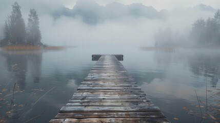A weathered wooden dock stretching out into a serene, mist-covered lake at dawn