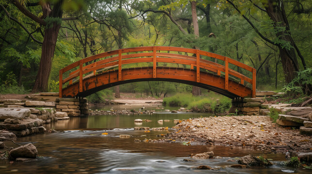 A quaint wooden bridge crossing over a babbling brook in a tranquil forest setting - Powered by Adobe