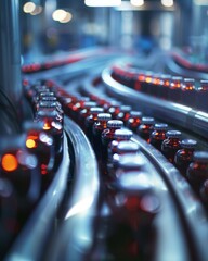 A conceptual image of medicine bottles on a conveyor belt showcasing a revolutionary shift in pharmaceutical consumption - obrazy, fototapety, plakaty