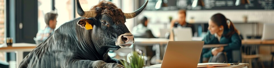 A bull in sales closing deals on a laptop in a high energy open floor sales office