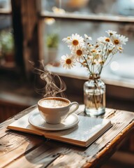 A cozy cafe scene with a steaming espresso a book and a small vase of daisies on a wooden table inviting and warm