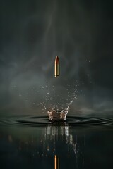 A bullet in dramatic slow motion creating ripples in the air set against a deeply shadowed mysterious background - obrazy, fototapety, plakaty