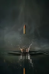 Poster A bullet in dramatic slow motion creating ripples in the air set against a deeply shadowed mysterious background © Shutter2U