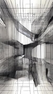 An interior sketch of architecture drawn in black and white line art, displaying a design with a creative spatial composition.
