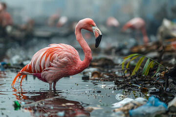 A graceful flamingo wading through polluted waters