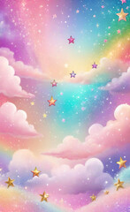 Rainbow unicorn background. Pastel glitter pink fantasy galaxy. Magic mermaid sky with bokeh. Holographic kawaii abstract space with stars and sparkles. Vector	