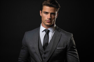 A captivating male model in elegant business attire, radiating confidence against a modern, slate-gray backdrop.