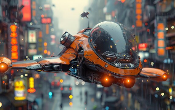 A futuristic cityscape with flying cars and neon lights
