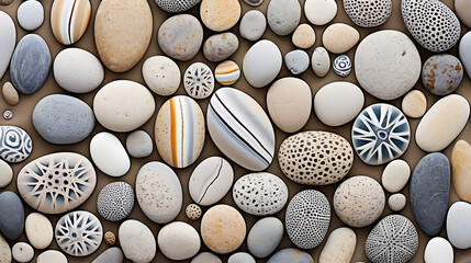 Display stones with unique patterns and textures along a sandy beach. - obrazy, fototapety, plakaty