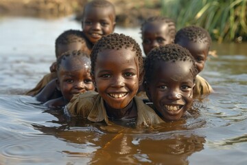 African children pretend to be happy after drinking groundwater - obrazy, fototapety, plakaty
