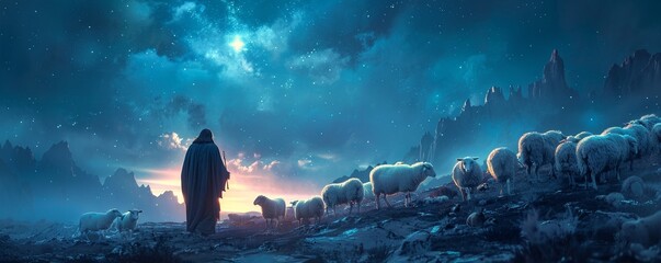 A spiritual artwork of Jesus and sheep under a starry night sky - obrazy, fototapety, plakaty