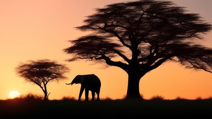 Fototapeta na wymiar The silhouette of an elephant near a large tree at a beautiful sunset.