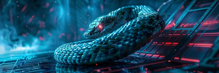 Neon veined cyberpunk snake slithering through a futuristic lab laser eyes adding a dangerous allure