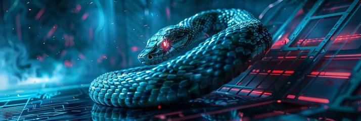 Fotobehang Neon veined cyberpunk snake slithering through a futuristic lab laser eyes adding a dangerous allure © Shutter2U