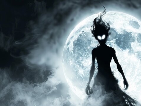 Silhouette of a djinn against a full moon eyes glowing eerily hinting at ancient powers