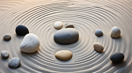 Find an image of ocean stones arranged in a zen garden style.