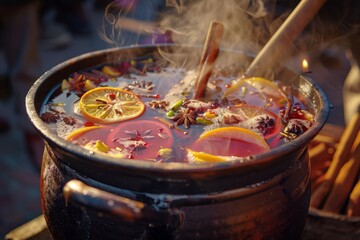 Obraz na płótnie Canvas Aromatic mulled wine simmering in a pot with citrus slices and spices, evoking a cozy, festive atmosphere.