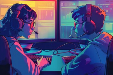 Vibrant digital illustration of two gamers engaged in intense online gameplay.

