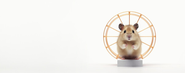 Cute hamster in a wheel on a light background. Banner with space for text