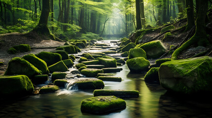 Find an image of stones creating a natural border along a forest stream. - obrazy, fototapety, plakaty