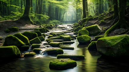 Türaufkleber Find an image of stones creating a natural border along a forest stream. © Muhammad