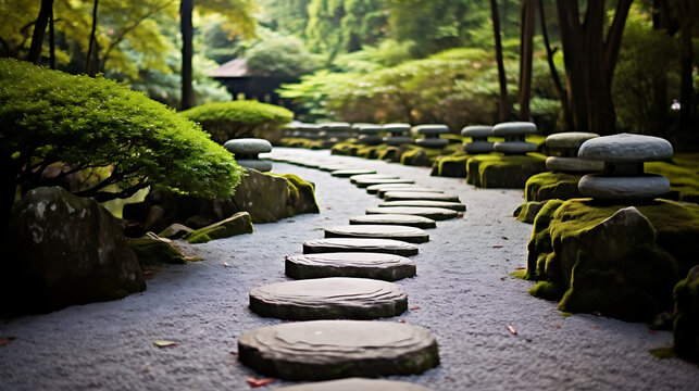 Find an image of stones forming a pathway through a zen garden.