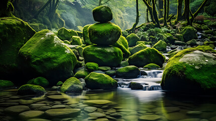 Find an image of stones near a mountain stream with moss-covered boulders.