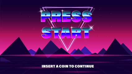 PRESS START INSERT A COIN TO CONTINUE .pixel art .8 bit game.retro game. for game assets .Retro Futurism Sci-Fi Background. glowing neon grid.and stars from vintage arcade computer games