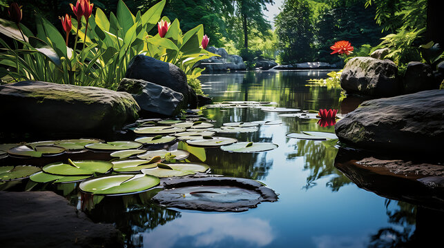 Find an image of stones near a peaceful pond with water lilies.