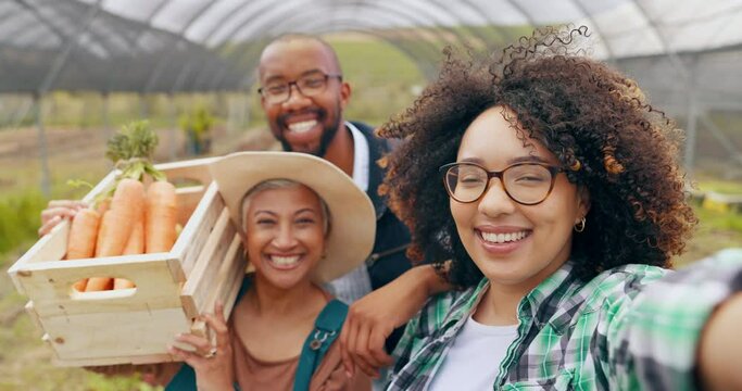 Greenhouse, selfie or people at a farm for vegetable harvest, agriculture or small business. Sustainability, face or happy farmer team in nature for agro profile picture, social media or startup blog