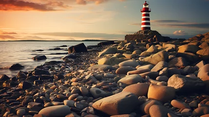 Rolgordijnen Find an image of stones near the sea with a lighthouse in the distance. © Muhammad