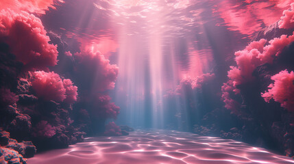 ピンク色に染まったファンタジックな海底の風景