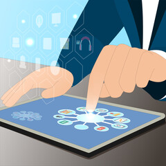 hand holding pc with social network.Online communication via the Internet using wireless technology.