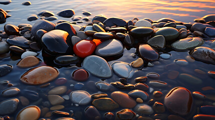 Fototapeta na wymiar Find an image of sunset reflections on polished river stones.