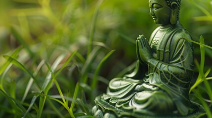 Obraz premium green buddha in the lotus posture, yoga in nature, close up, copy space, 16:9