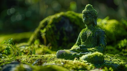 green buddha in the lotus posture, yoga in nature, close up, copy space, 16:9 - Powered by Adobe