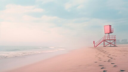 beauty minimalist beach background with generous copy space, illuminated by the soft and diffused light of a foggy morning, evoking a mysterious and calming feel