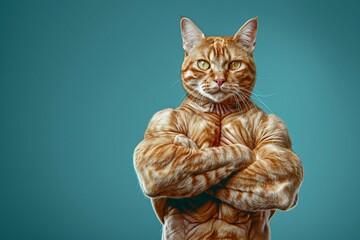 Portrait of Strong cat body builder super muscles. bodybuilder cat with arms crossed. image of a pet cats head on a human bodybuilders body on blue background with copy space - obrazy, fototapety, plakaty