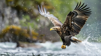 Bald eagle soaring over the river 
