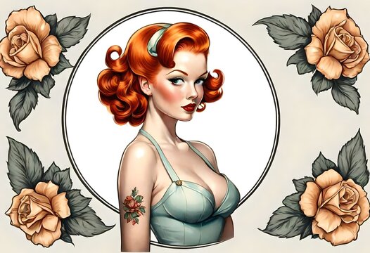 illustration of a vintage ginger red head pinup girl with tattoos