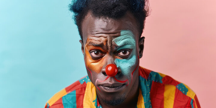 African American man with clown face exhausted circus joker emotions unhappy depressed performer sadness depression melancholic expression make-up worried person costume dressed actor backstage circus