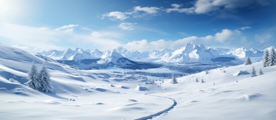 Ski track in mountain area on sunny winter day