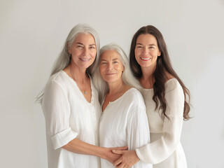 Happy family portrait featuring three women, and a mother-daughter, all smiling and radiating joy in a beautiful moment of love and togetherness